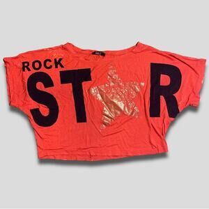 MZV WOMAN FASHION OVERSIZED DOLMAN SLEEVE CROPPED ROCKSTAR SS T-SHIRT RED - M